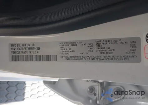 2021 Ram 1500 Lone Star 4X4 5'7 Box z USA, uszkodzony, nr VIN 1C6SRFFTXMN744336